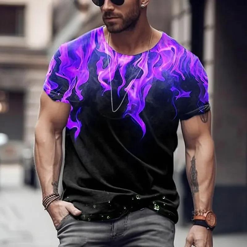 Summer Round Neck 3D Colorful Flame Graphic Print Top Fashionable Casual Short Sleeved Men's T-shirts