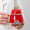 Set, Chinese Fortune Cat Tea Mug with Travel Bag, Ceramic Tea Cup with Infuser and Lid, Portable Drinkware