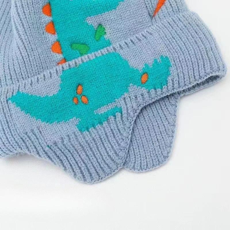 Winter Warme Baby Ohrenschutz Mütze 3D Dinosaurier Kinder Ohrenwärmer Mütze Cartoon Kleinkind Wollstrickmützen 2-6 Jahre Kinder Strickmützen