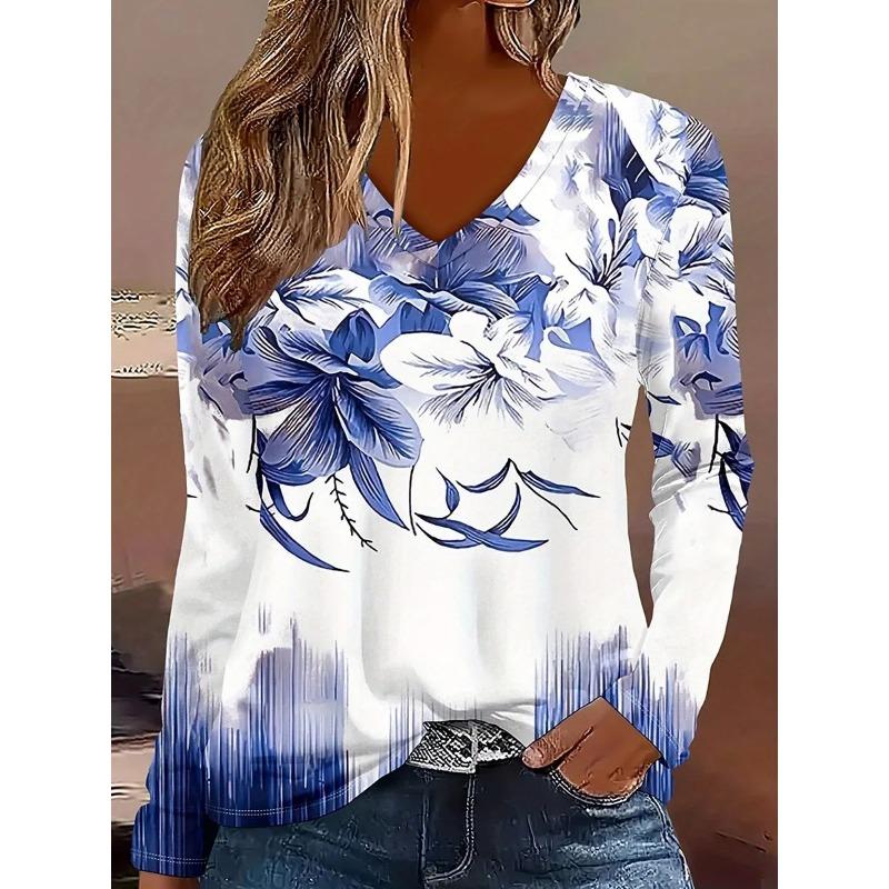 Spring and Autumn V-neck 3D Floral Graphic Printed Top Fashionable Casual Long Sleeved Women's T-shirts