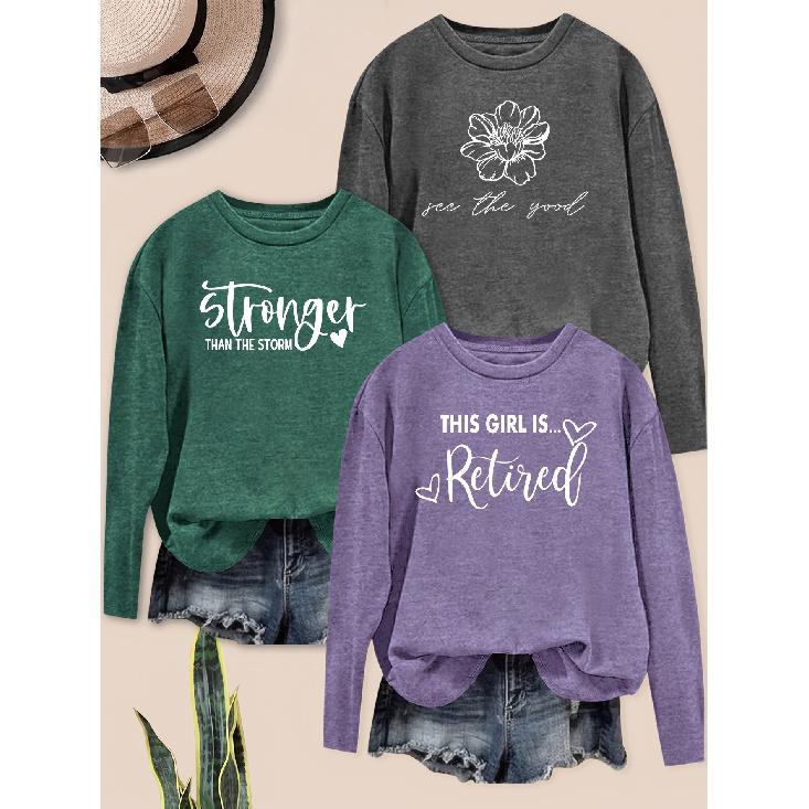 3-Piece Women's Set: Vintage Floral & Motivational Letter Print Long Sleeve T-shirts, Soft Round Neck, Casual To Semi-formal Style