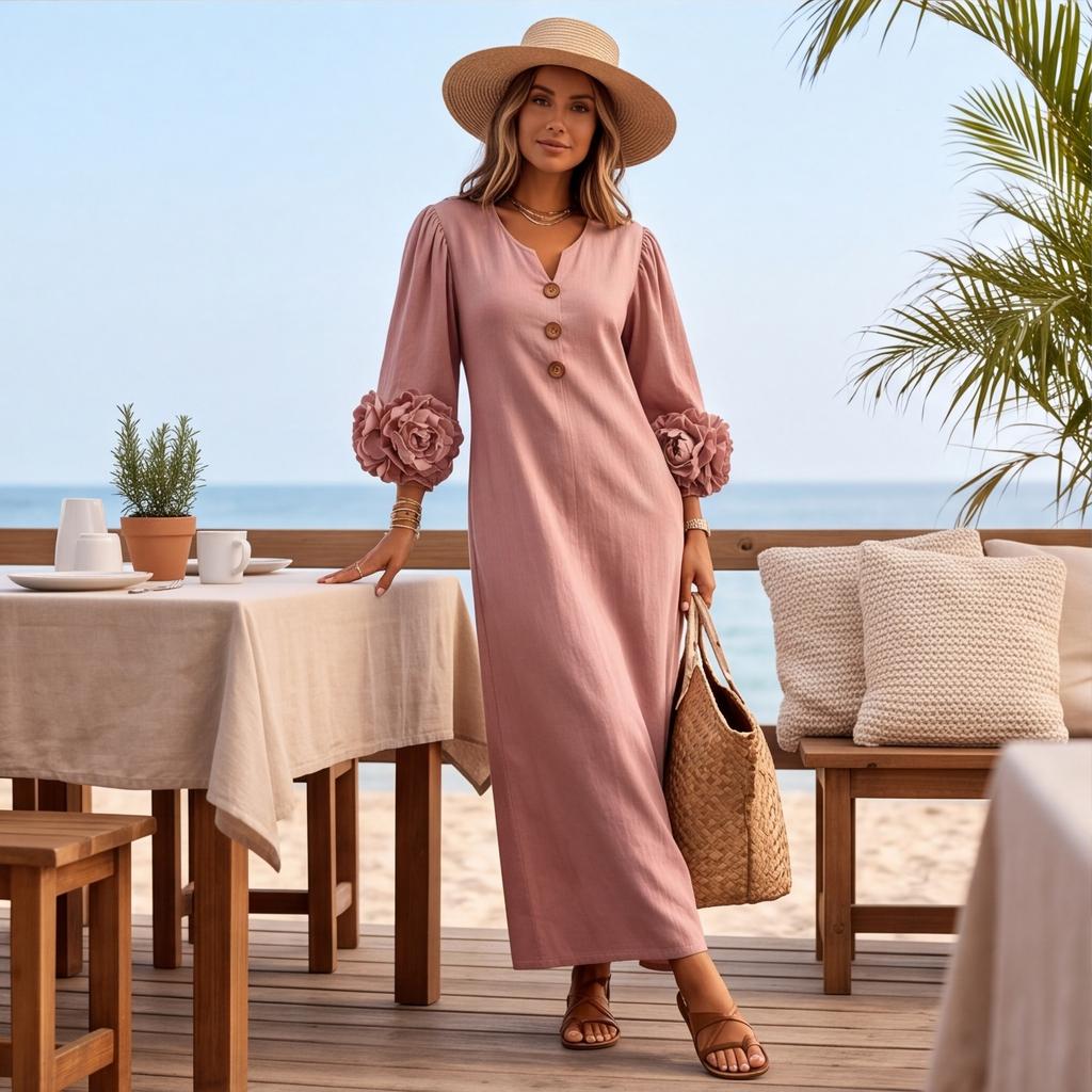 Damenmode V-Ausschnitt Urlaubs-Kleid mit 3D-Blume, Ärmeln, Farbe
