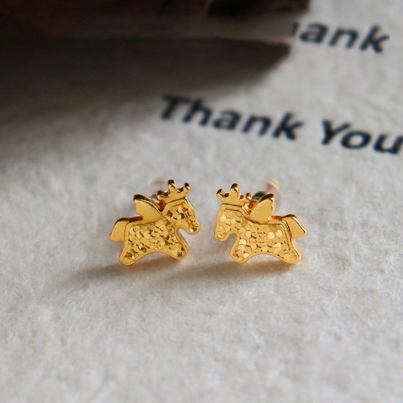 K real gold electroplated silver needle pony stud earrings light luxury high sense new Chinese earrings natal year temperament earrings women