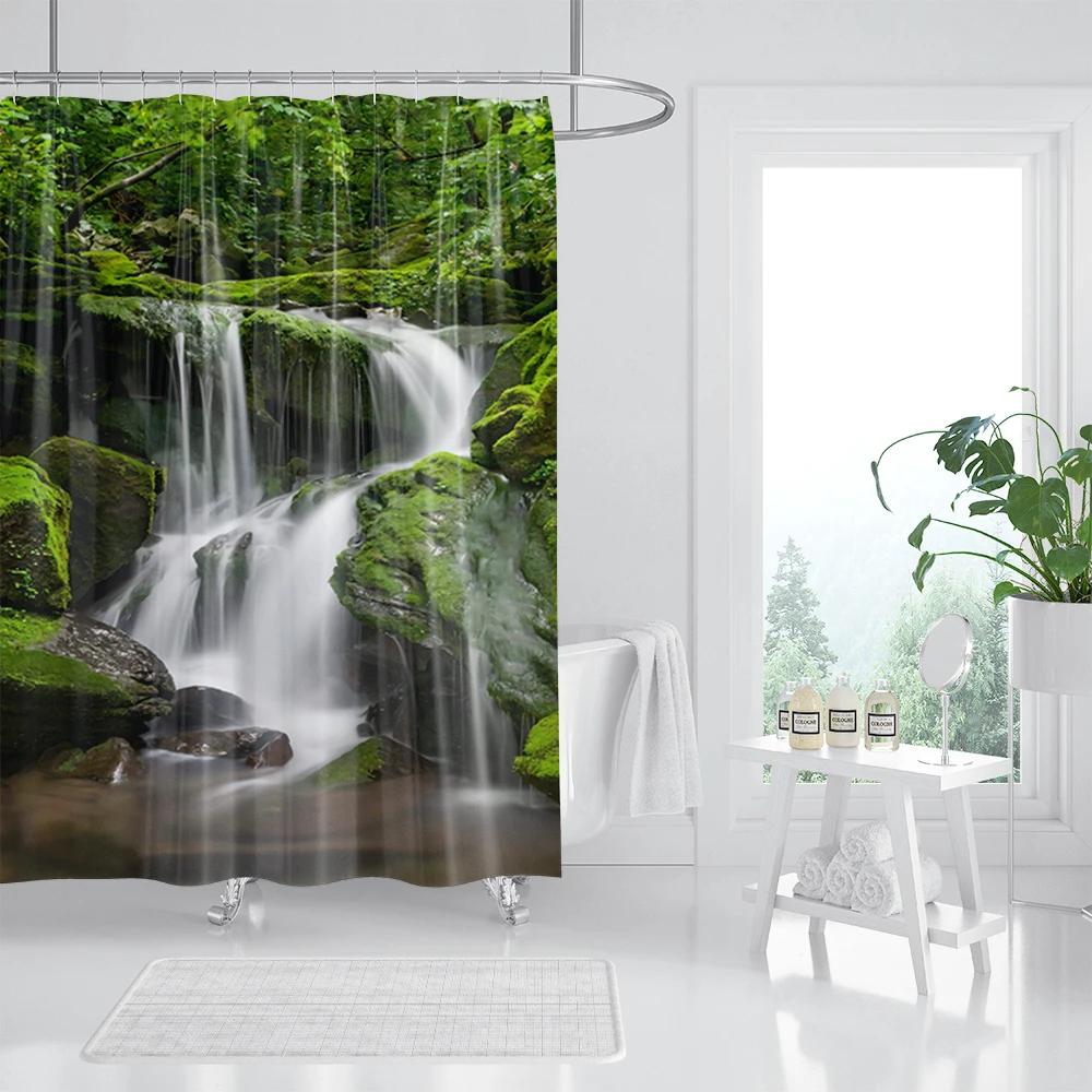 Forest Waterfall Shower Curtain Tropical Rainforest Palm Jungle Tree Green Leaves Plants Scenery Bathroom Decor Set With Hooks