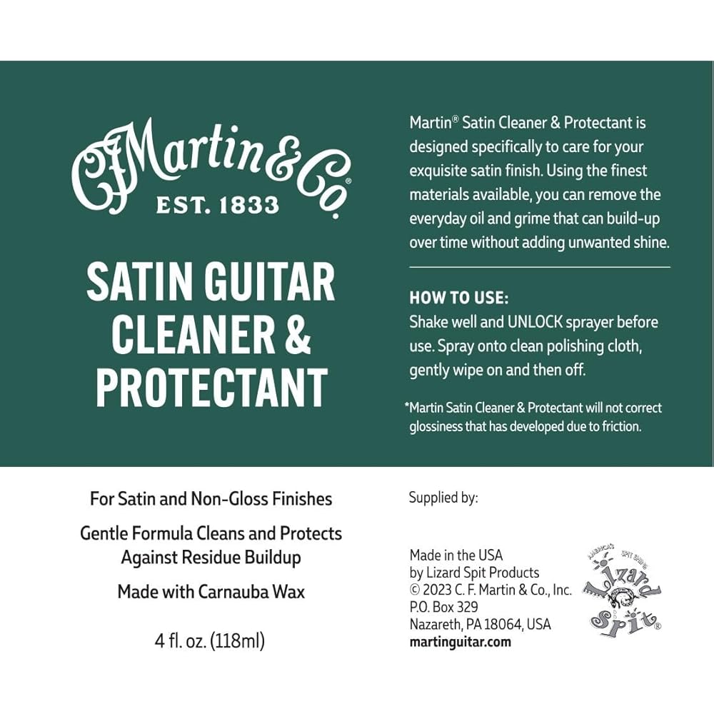 Martin Satin Guitar Cleaner & Protectant – 4 oz Spray Bottle 18A0135 | Cleans and protects without adding shine | Contains carnauba wax for a satin fi