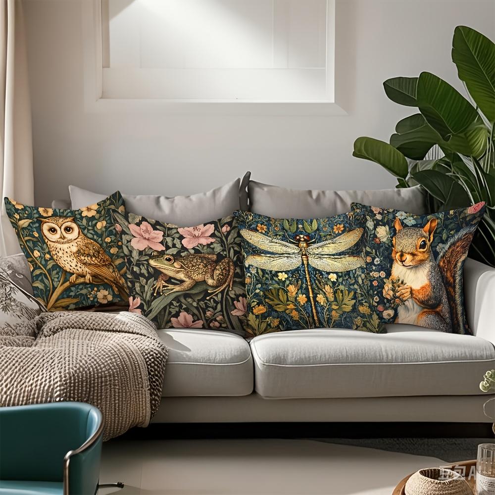 Vintage Waldtiere Kissenbezüge, Eule Frosch Libelle Eichhörnchen Blumendruck Kissenhüllen, William Morris Stil Dekor