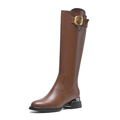 Sapatos de couro de vaca outono inverno salto médio grosso tamanho grande 45 tamanho 44 tamanho 46 fivela de metal botas femininas quentes até o joelho