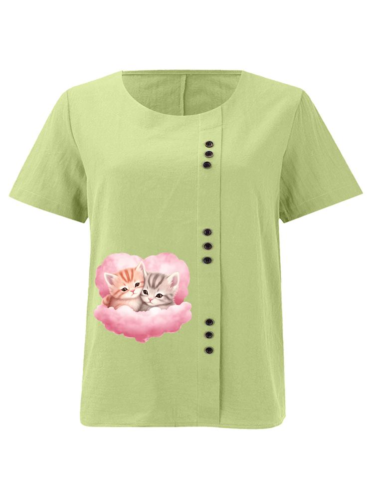 

Women s Fashion Cat Lovers Print Round Neck Short Sleeve T-shirt Casual Cotton Linen Graphic Shirt Leisure Loose Summer Blouse Tops 5XL зелений