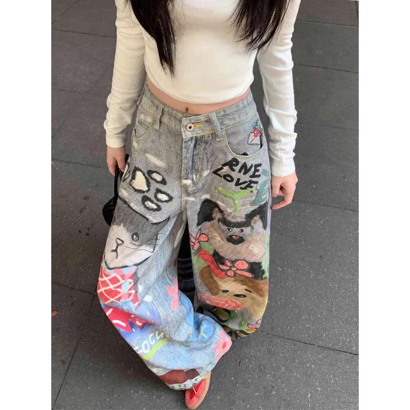 Women s American Retro Graffiti Wide-Leg Jeans Small