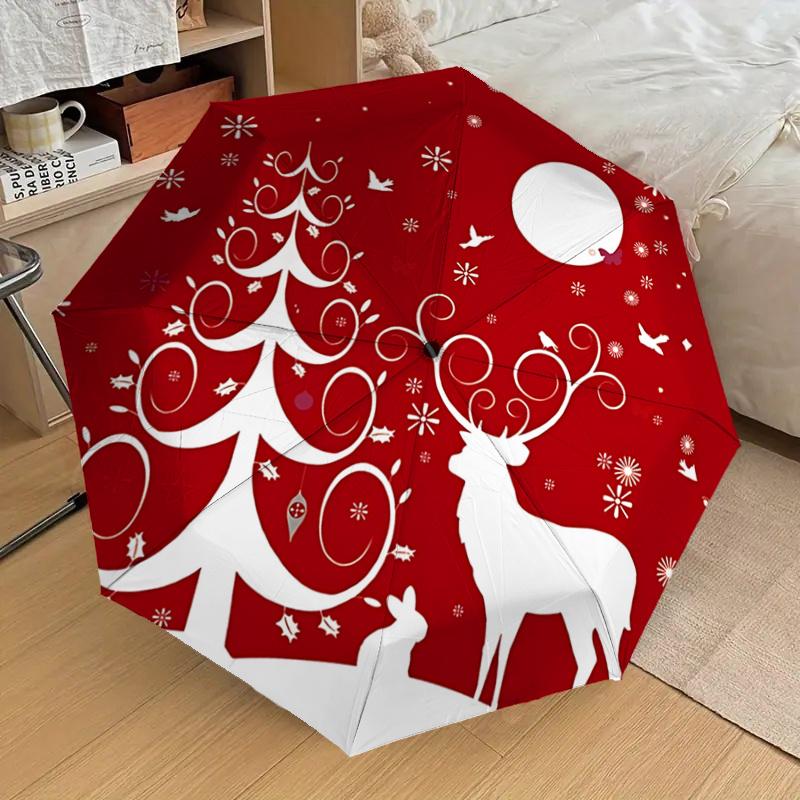 Christmas Deer & Tree Design Automatic Opening Folding Umbrella - 8 Bone Iron Frame, Suitable for Fans, Travel, Daily Use, Festive Gift11212