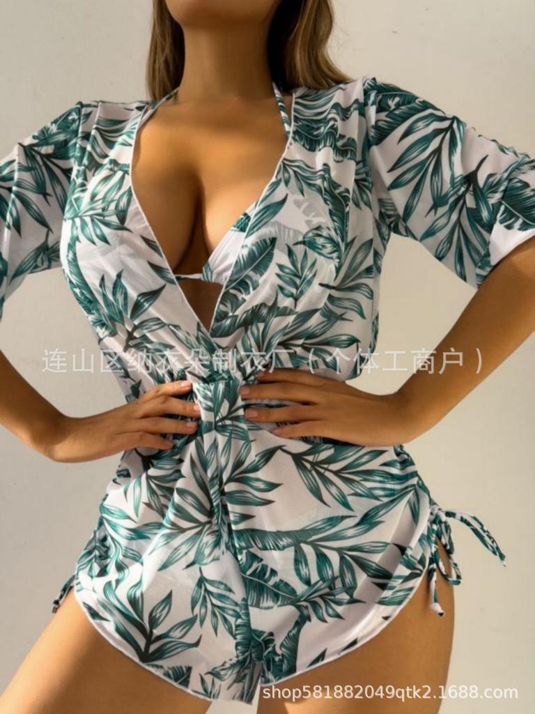 Swimsuit Beach Sunscreen Tropical Plant Printed Blouse Swimsuit Women's Three-piece Neck Bikini