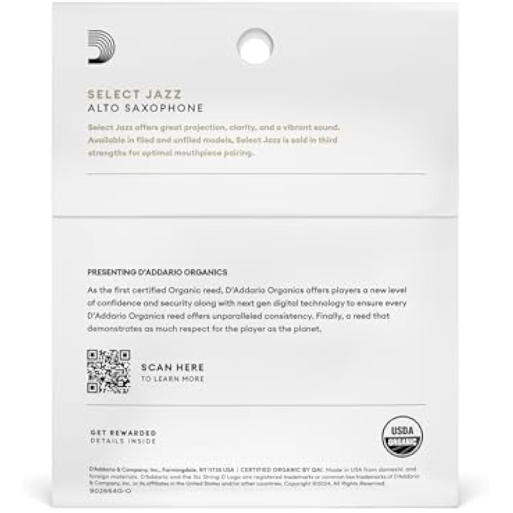 D'Addario WoodWinds Daddario Reed for Alto Saxophone USDA Organic Certified SELECT JAZZ Filed ORS...