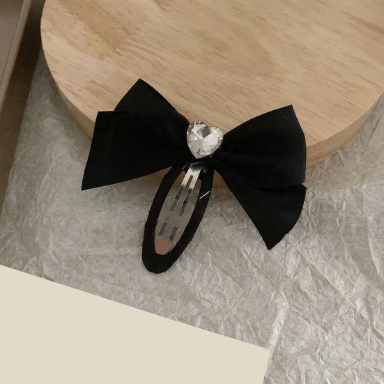 Women Hairpin Smooth Edges Smooth Satin Ribbon Bow Sparkling Rhinestone Rounded BB Clip Hair Accessory