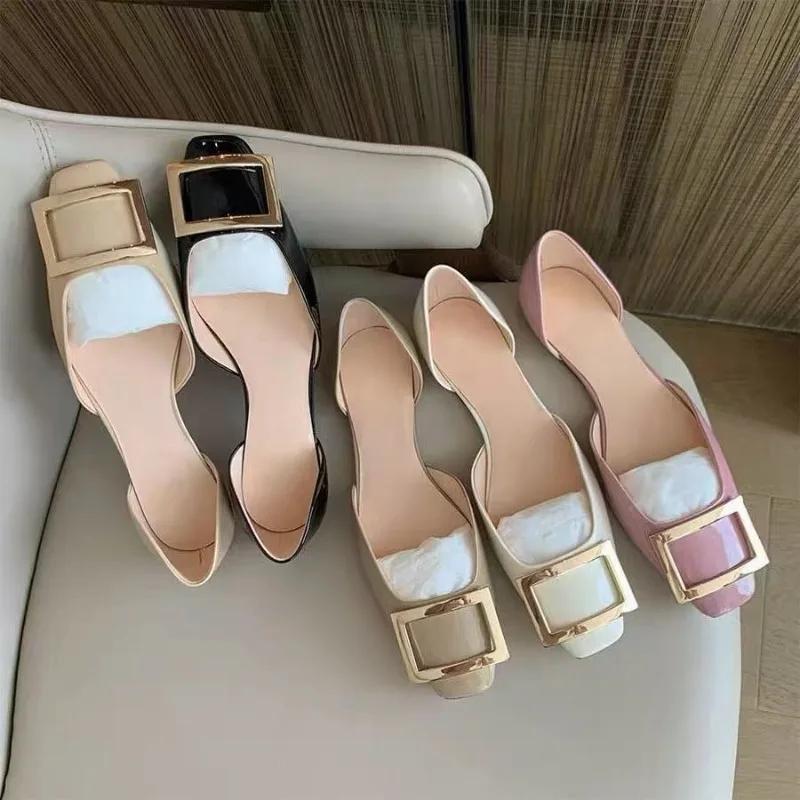 Fashion New Women Sandals Metal Square Buckle Leather Thick Heel Square Toe Sandal Spring Casual Low Heel Back Strap Fashion Sandals