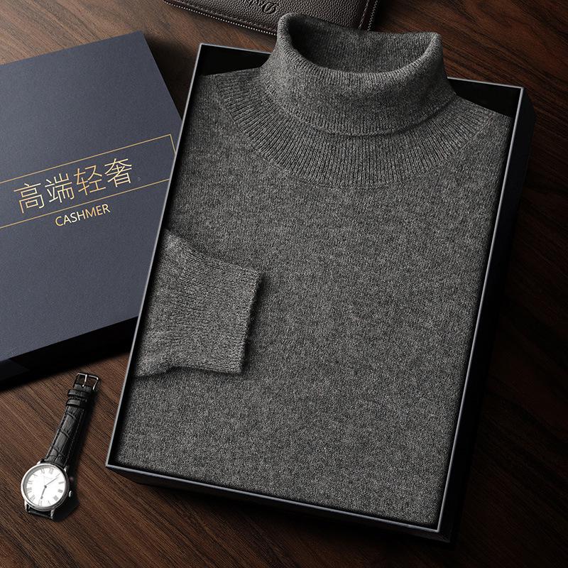 Men's High Neck Cashmere Sweater - Solid Color, Long Sleeve Knitwear for Casual and Business Wear