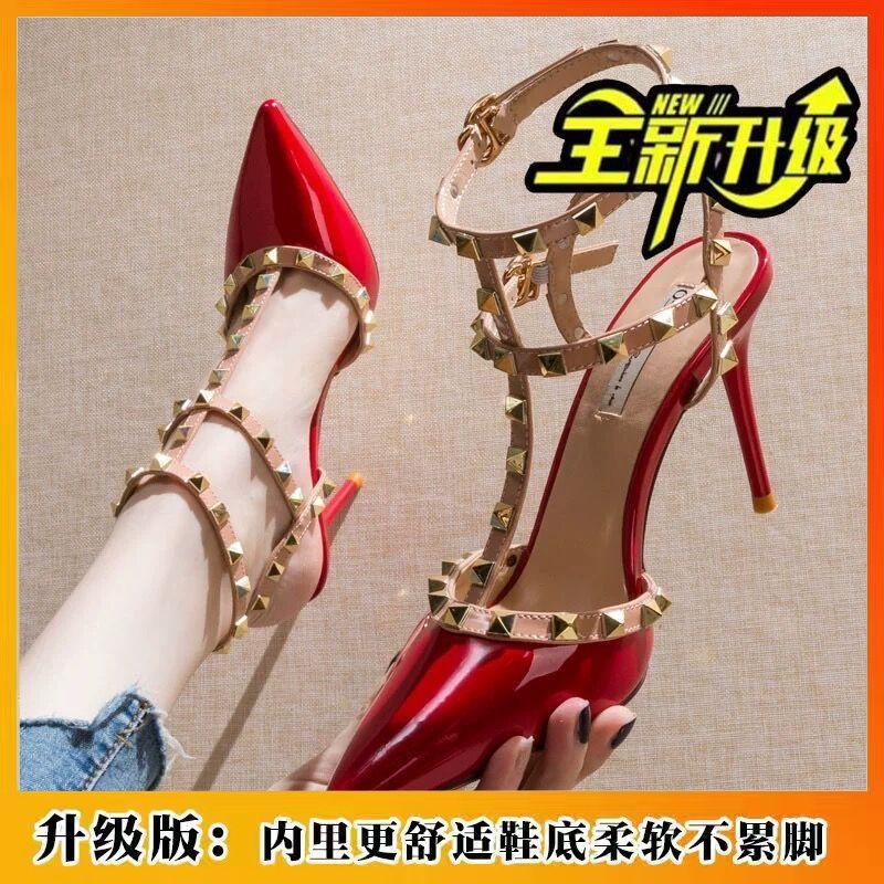 

Spring new three-ring rivet high heels women s thin heels shallow mouth outer wear single shoes non-slip one-word buckle shoes 42