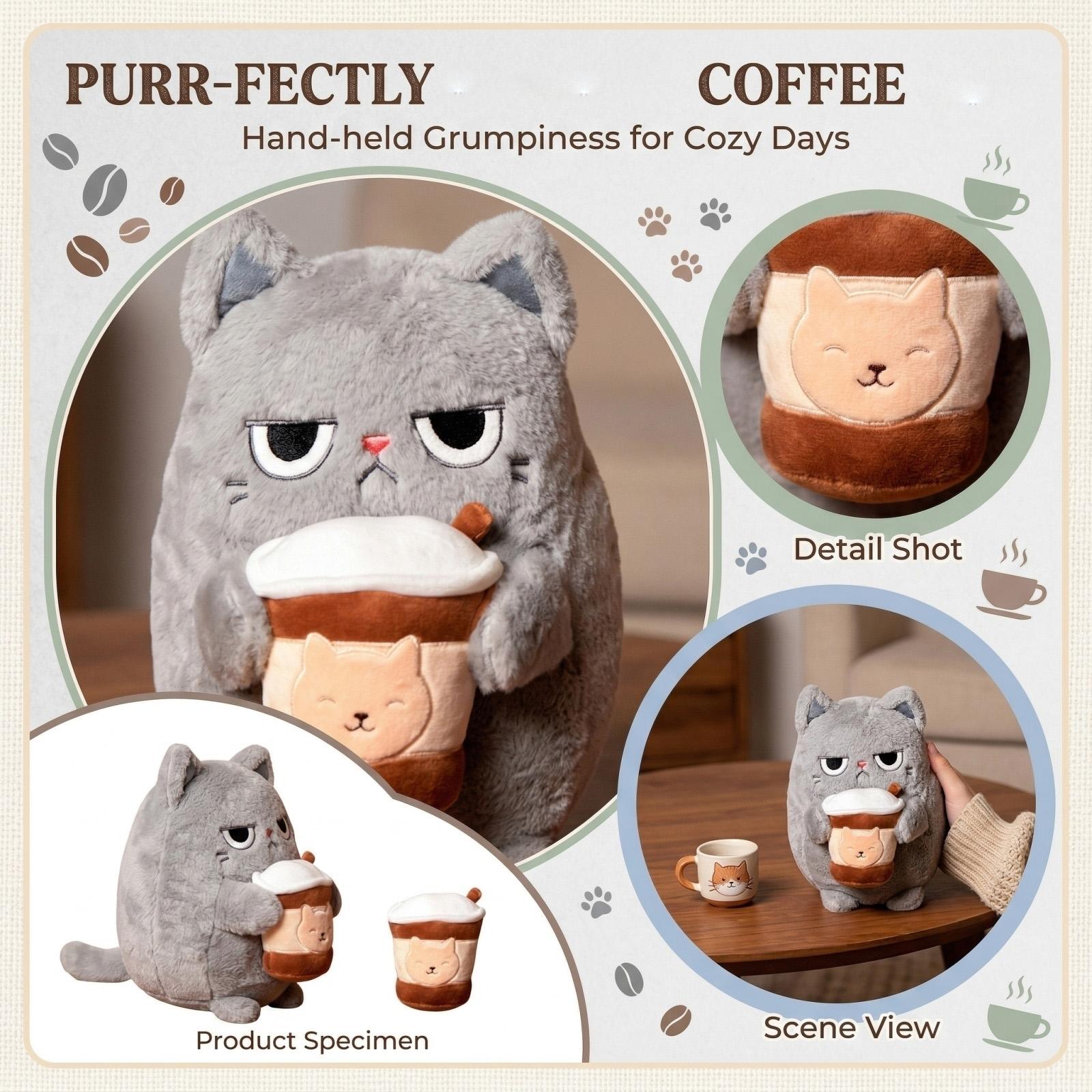 Grumpy & Coffee Cup Plush Toy, Cute Stuffed Figure With Removable Coffee Cup One Size