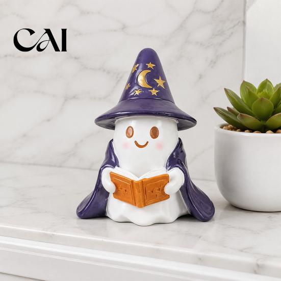 Shelf Sitter Ghost Lighted Figurine, Resin Wizard Statue with LED Light, Cute Halloween Gifts for Kids Reading Book Night Light Home Desktop