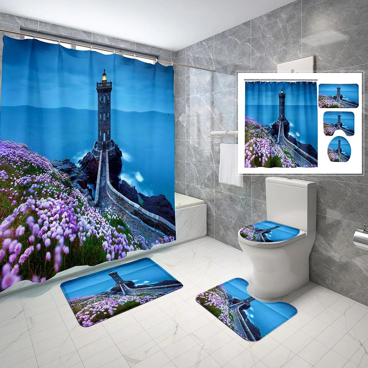

4 Sets Lighthouse Shower Curtain Sets With Non-Slip Bath Mat,Toilet Lid Cover And Coast Seascape Sunrise Shower Curtain Sets W60H190(CM)-1 Pcs