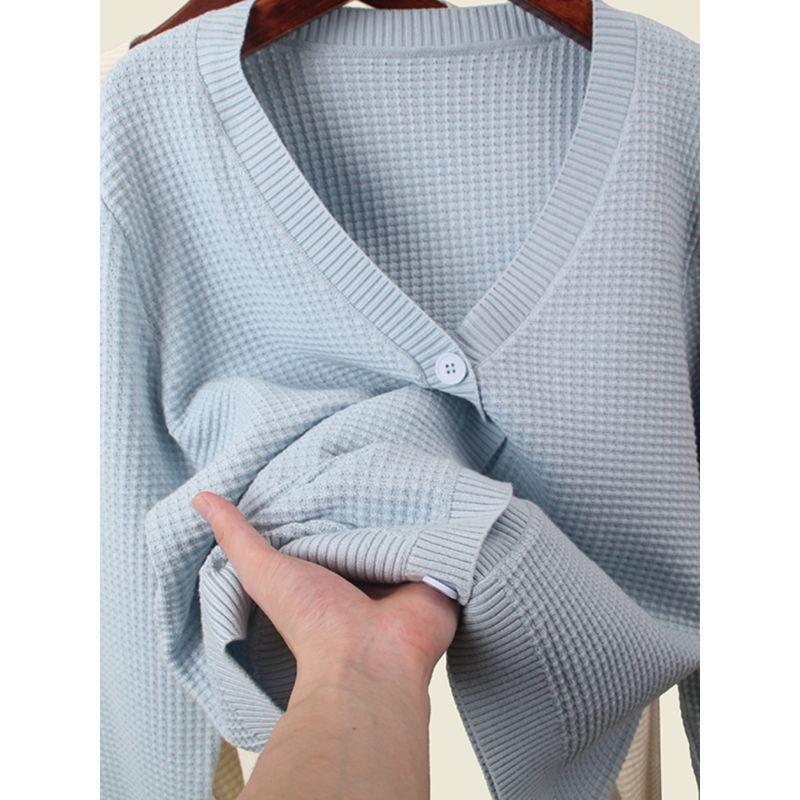 Waffle Texture V Neck Autumn Long Sleeves Cardigan Soft Glutinous Two Wool Core-Spun Yarn Normcore Pure Color Knitting Outwear