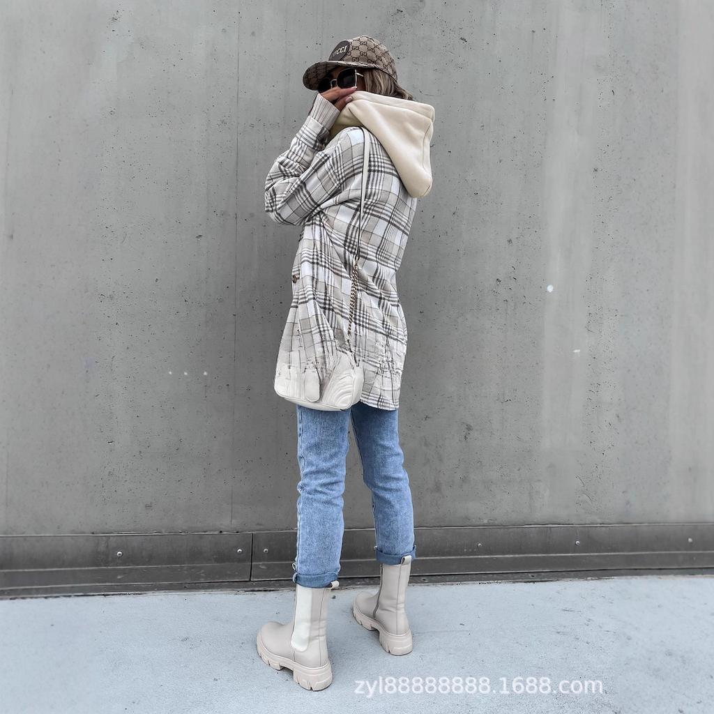 Women's Oversized Plaid Shirt with Hood, Casual Loose Fit Checkered Long Sleeve Top