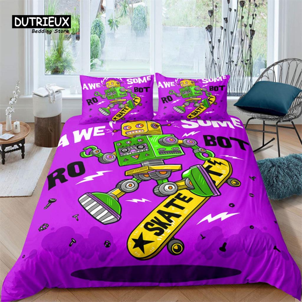 Robot Duvet Cover Set Cartoon Space Robot Bedding Set Patchwork Transformer Futuristic Machine Comforter Cover Twin Full For Boy