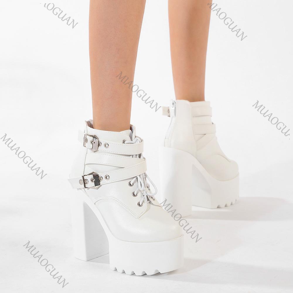 Fashion Gothic Boots Women's Solid Color High Heeled Buckle Strap Fashion Women Shoes Punk Style Thick Bottom Retro Lace-up Ankle Boots