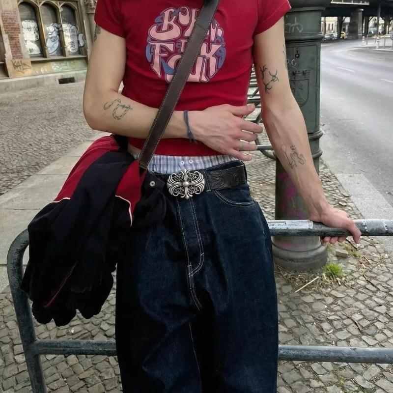 Hong Kong-style Denim Belt with Cross Carving & Rivets Niche Subculture Style Versatile Street Waistband for Casual Daily Outfit