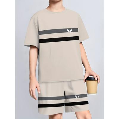 2pcs Boys Casual Striped Print Short Sleeve T-Shirt and Shorts Set - Comfortable, Breathable, Quick-Dry Summer Clothing