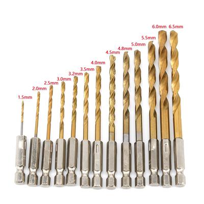 Drill Bit Set 13pcs Coated HSS Hex Shank Plated Quick Change 1.5-6.5 Mm