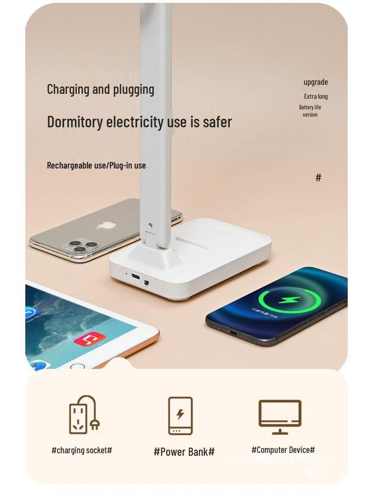 Eye-Protecting Dual-Use Rechargeable Desk Lamp with Touch Controls for Study and Bedroom Reading
