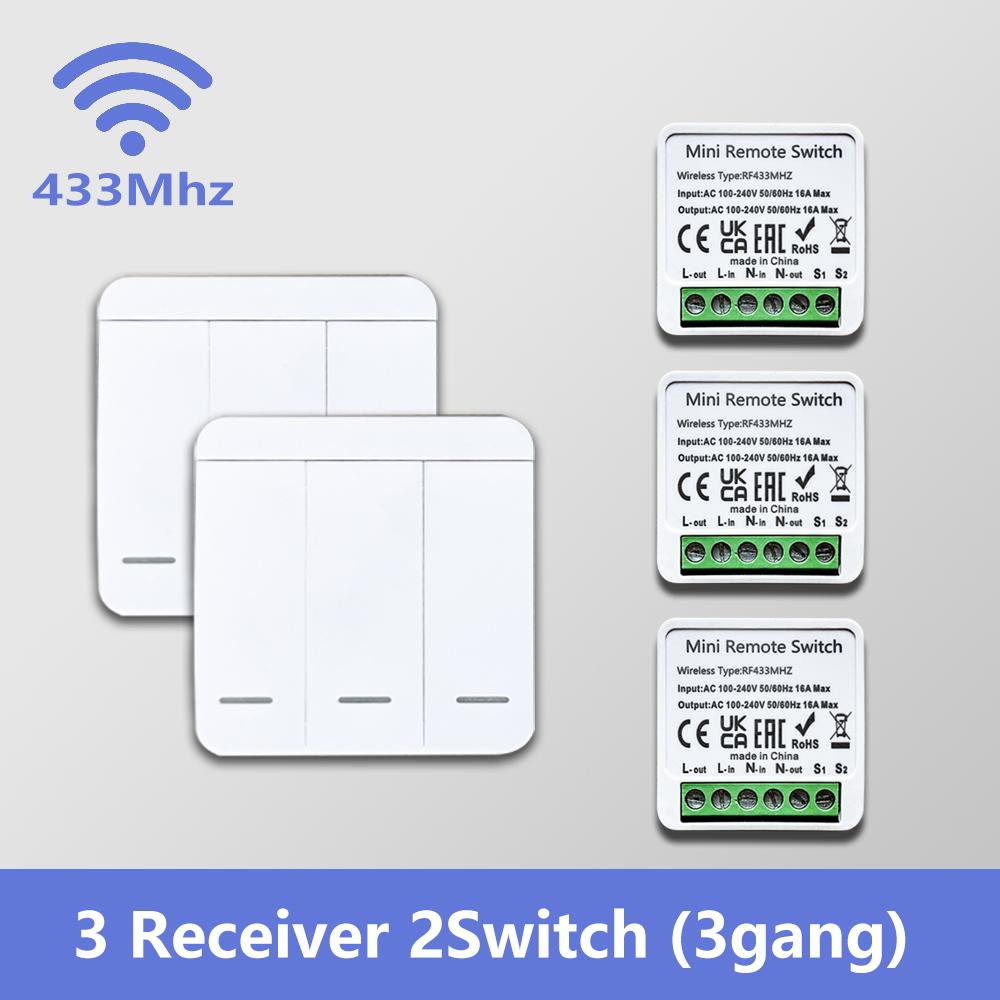 433MHz RF Wireless Relay Switch Receiver Smart Home 1/2/3 Gang Remote Control Wall Panel Module with 2-Way Control Function