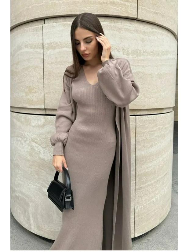 2023 Herbst Europäischer & Amerikanischer Einfarbiger Slim Strickpullover Überknie Langes Kleid Set für Damen