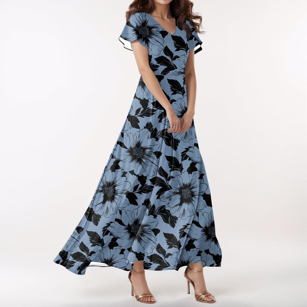 Lässiges Damenkleid mit V-Ausschnitt, kurzen Ärmeln und hoher Taille, Retro-Blumenblatt-Print