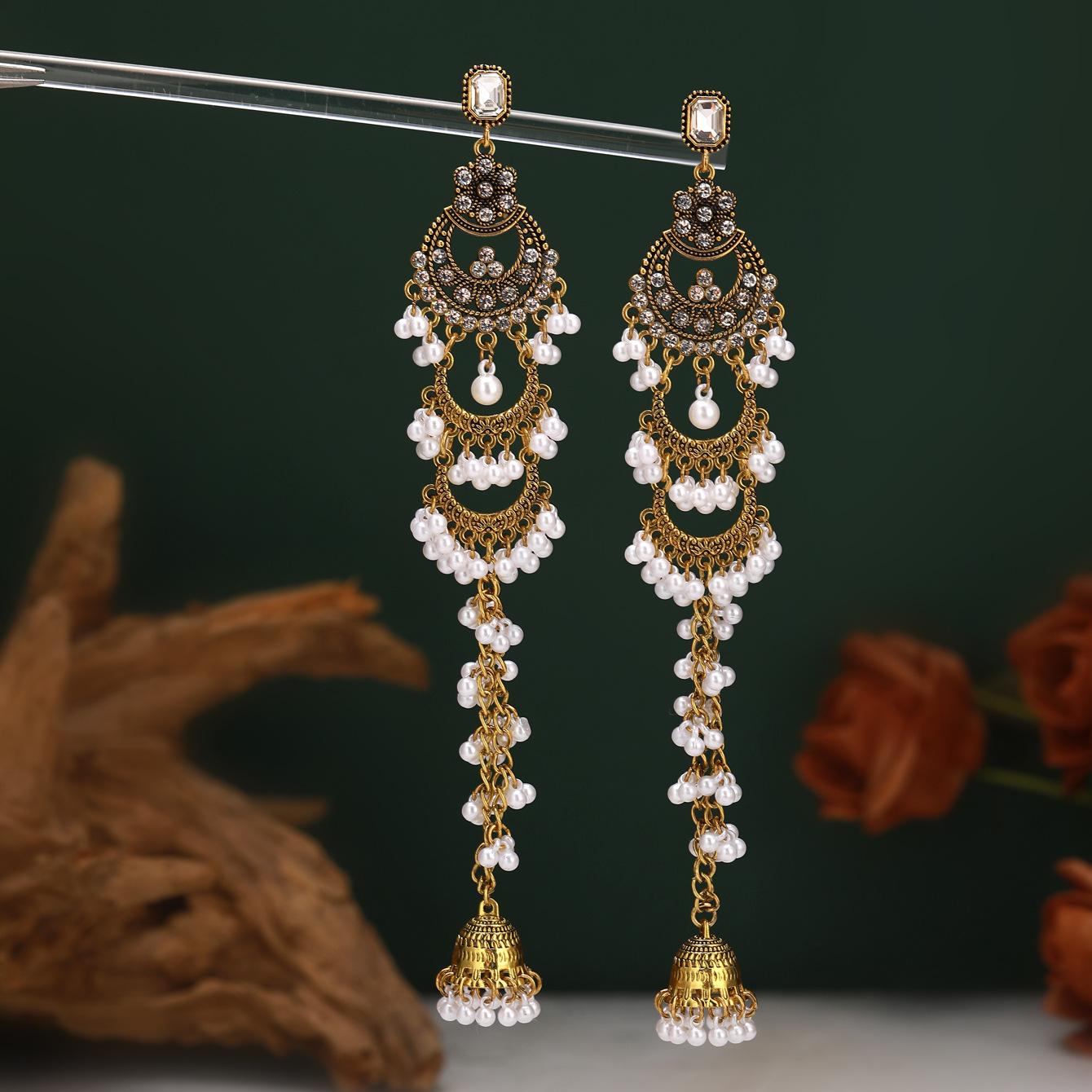 Алмазные колокольчики, Серьги с бахромой и жемчугом, Экзотические этнические длинные серьги для отпуска и путешествий, Преувеличенные персонализированные серьги