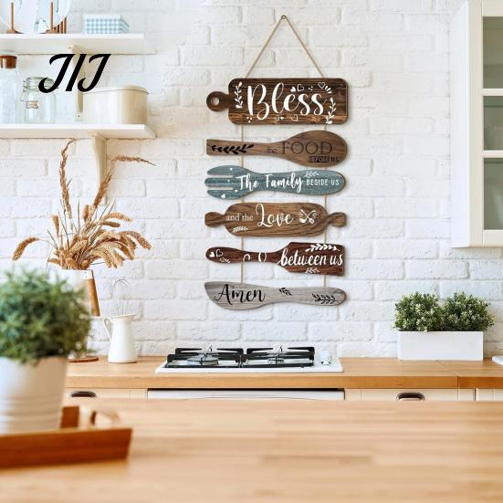 Distressed Kitchen Wall Art Rustic Wooden Hanging Sign for Decor, Cutlery Design Dining Room with Inspirational Family Slogan & Lanyard Farmhouse Home