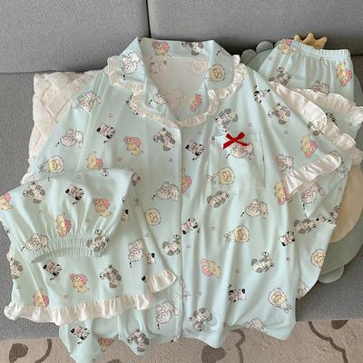 Mengqu Puppy Style Imitation Cotton Pajamas Women's Summer Lace Short-sleeved Loungewear Three-piece Set