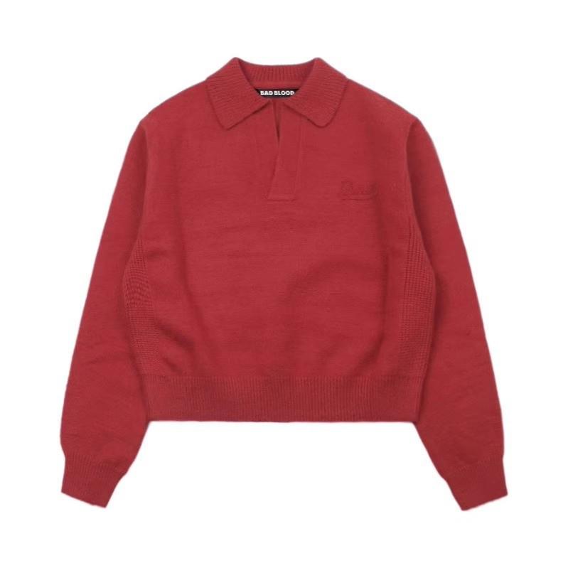 Korean Badblood BCAC Series Women's Red Polo Collar Sweater - Casual Loose Knitwear