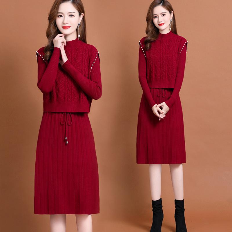 

Вязаное платье-жилет из двух частей для женщин, платье-свитер с длинными рукавами однотонное, повседневный свитер средней длины для осени и зимы S красный