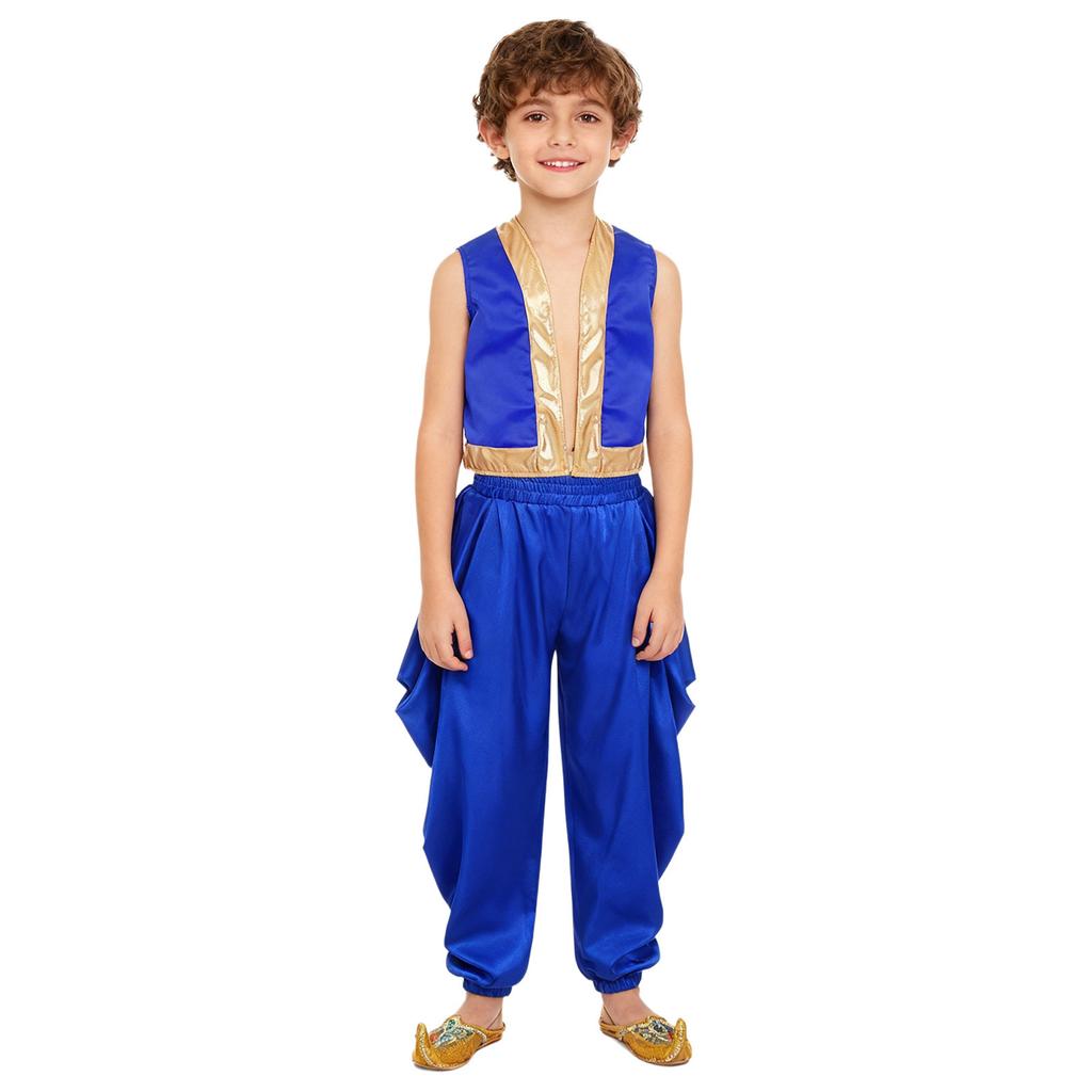 Dětský arabský cosplay kostým Sada Volná vesta Saténové dhoti kalhoty Elastický pas Široké kalhoty Halloweenský převlek