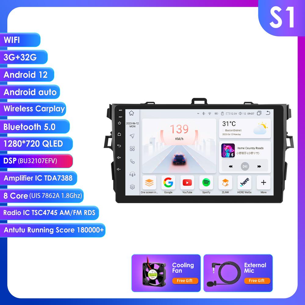 

Hizpo Автомагнитола 8G+128G Android Auto CarPlay для Toyota Corolla 2007-2011 Мультимедийный плеер GPS-навигация 2din Стерео 1280*720 Интеллектуальный экран S1 8Core 3G 32G