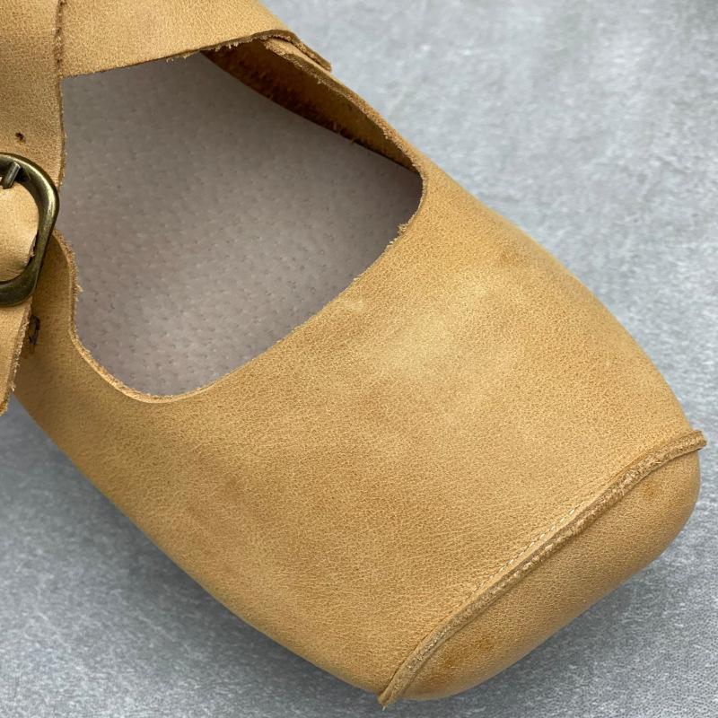 Johnature Handmade Cross Buckle Genuine Leather Soft Soled Flats Square Toe Soft Cowhide Women's Shoes