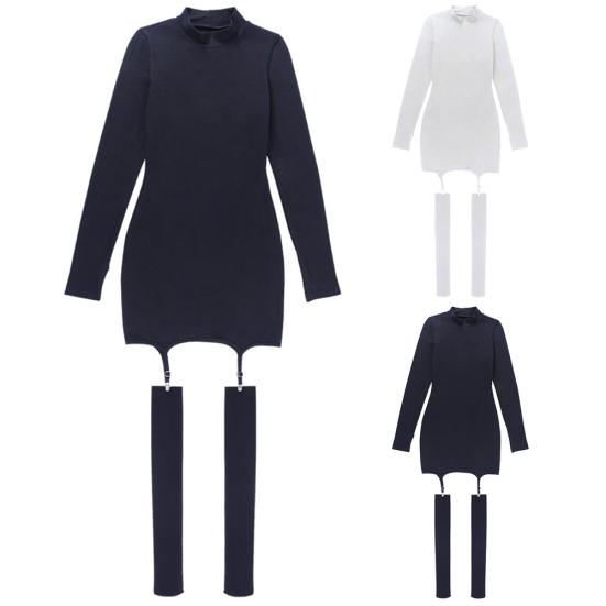 Sexy dámské mini bodycon šaty s dlouhým rukávem s přezkou Club s punčochami