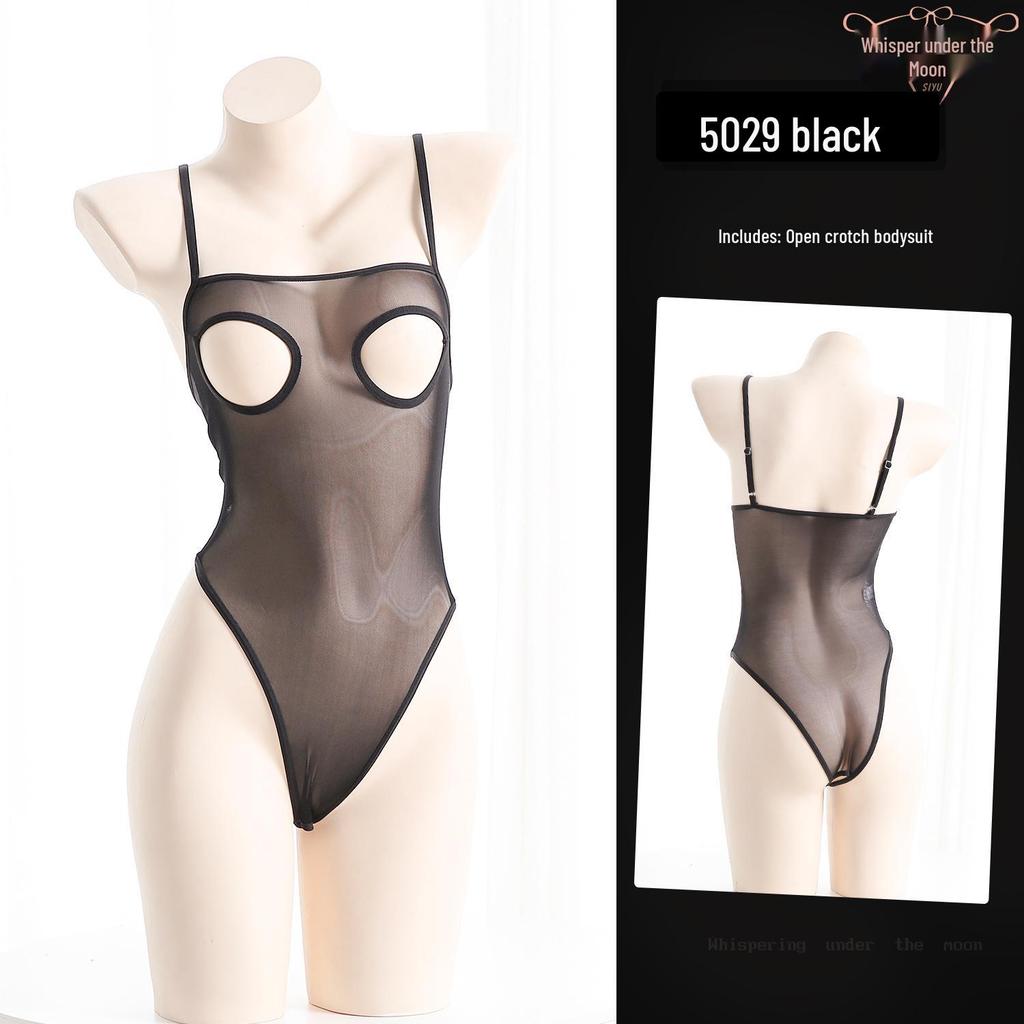 Sheer Mesh Open-Cup Garter Bodysuit with Open Crotch