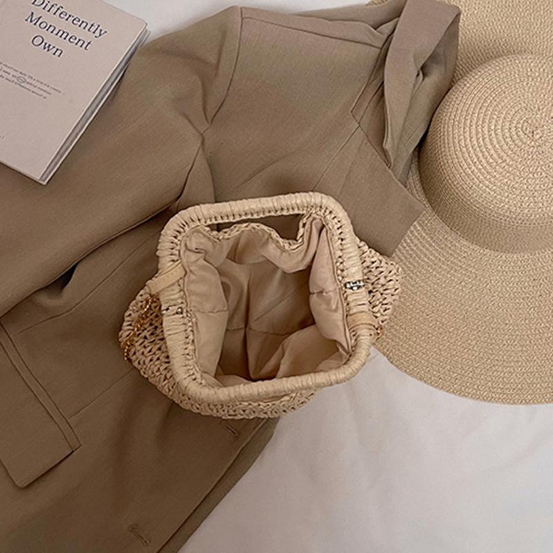 Retro Woven Clutch Bags for Women Straw Shell Chain Handbag Messenger Bag Ladies Holiday Beach Eco-friendly Crossbody Bag CLE
