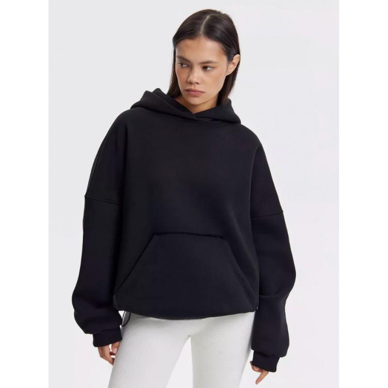 Womens Solid Color Hooded Sweatshirt Loose Fit Fleece Pullover Teens Casual Wear