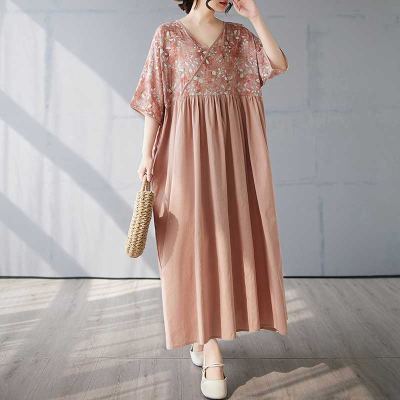 Cotton and Linen Summer Patchwork Retro Style Dress Long Skirt
