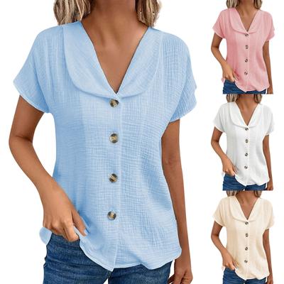 Women's Shirt Color Slim Fitting V-neck Button Cardigan Short-sleeved Top