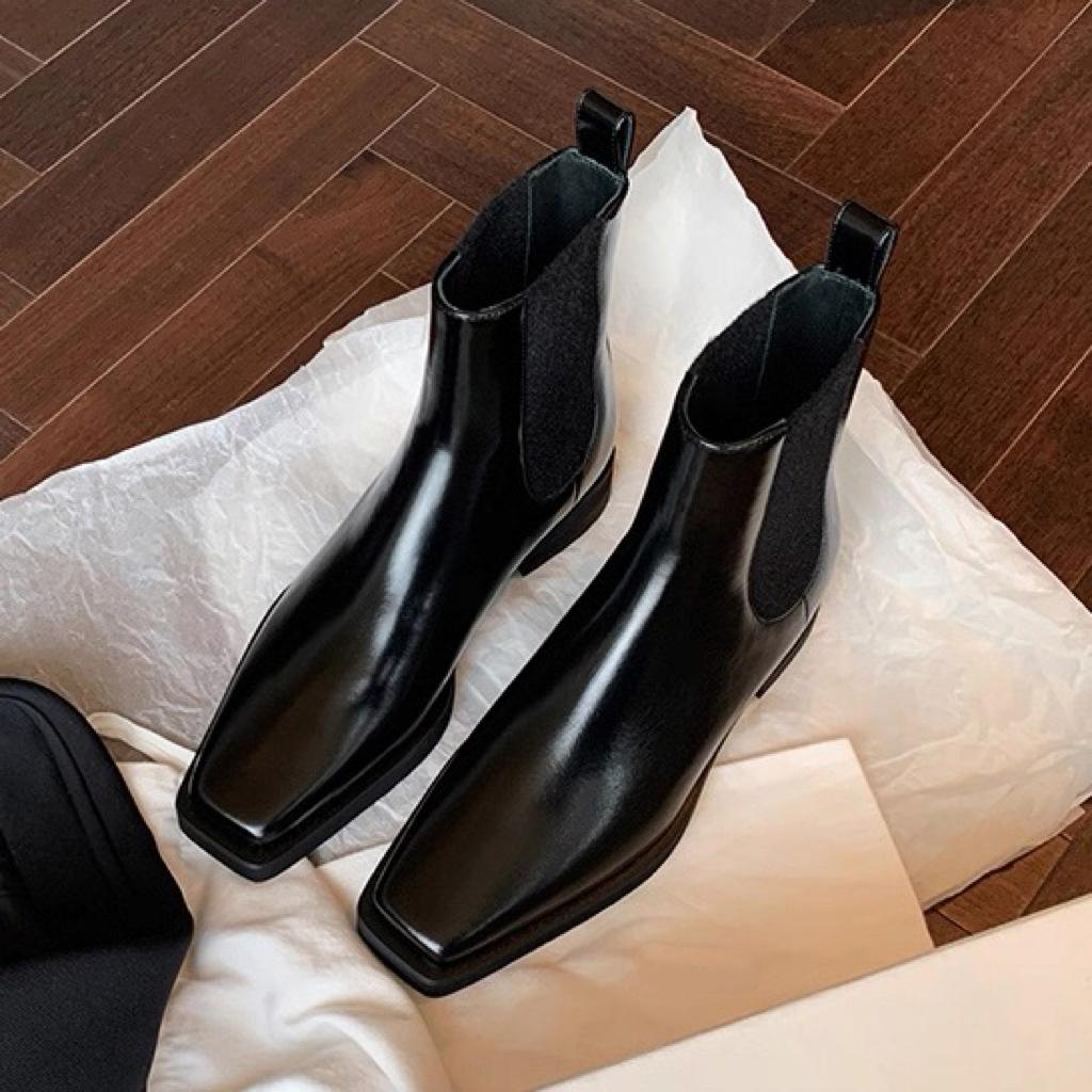 Cowhide Grape Mom Same Square Head Platform Chelsea Boots Women's Leather Thick Heel Martin Boots French Short Boots Skinny Boots