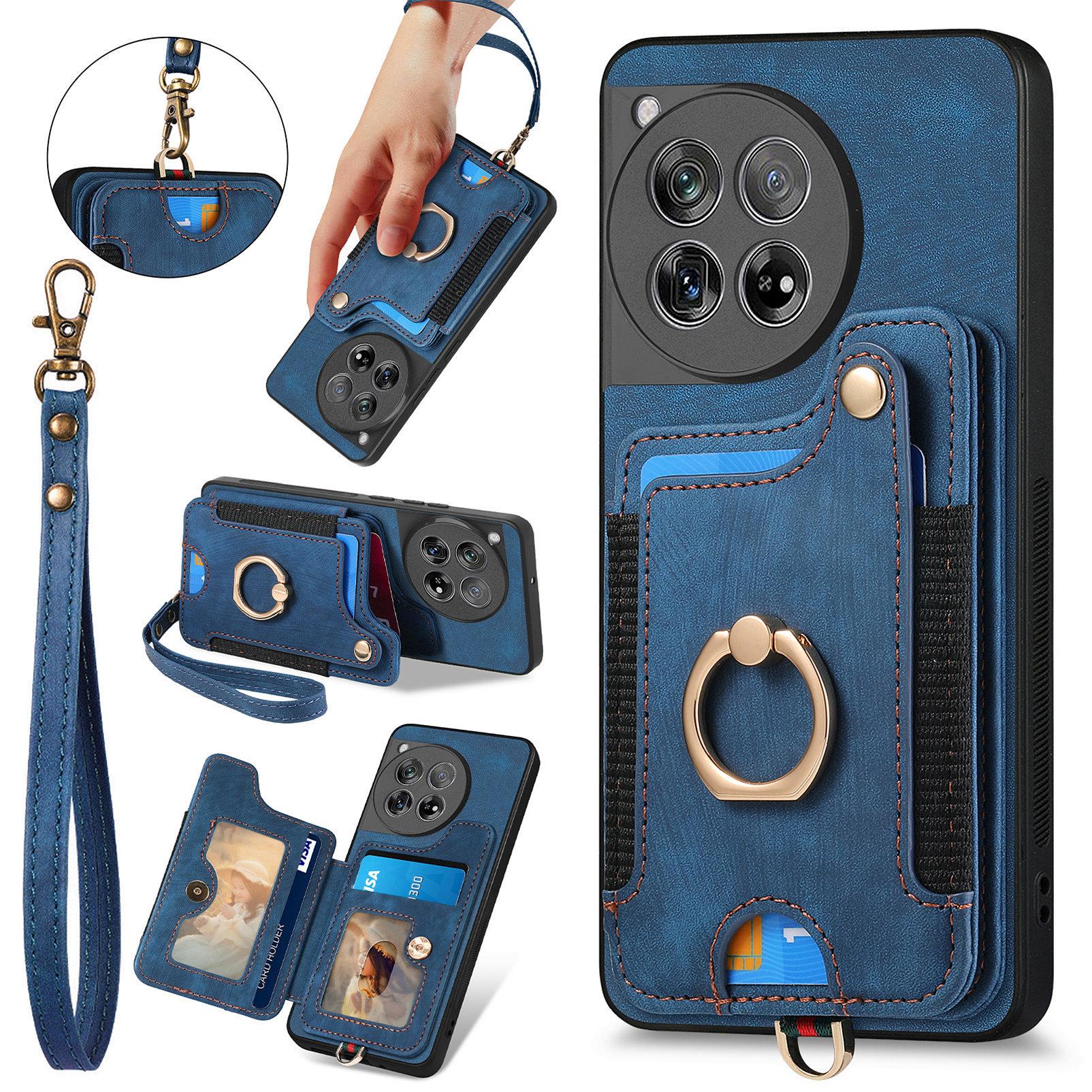 

D4 For OnePlus 12 5G Case PU Leather RFID Blocking Back Cover Ring Holder Card Slots D